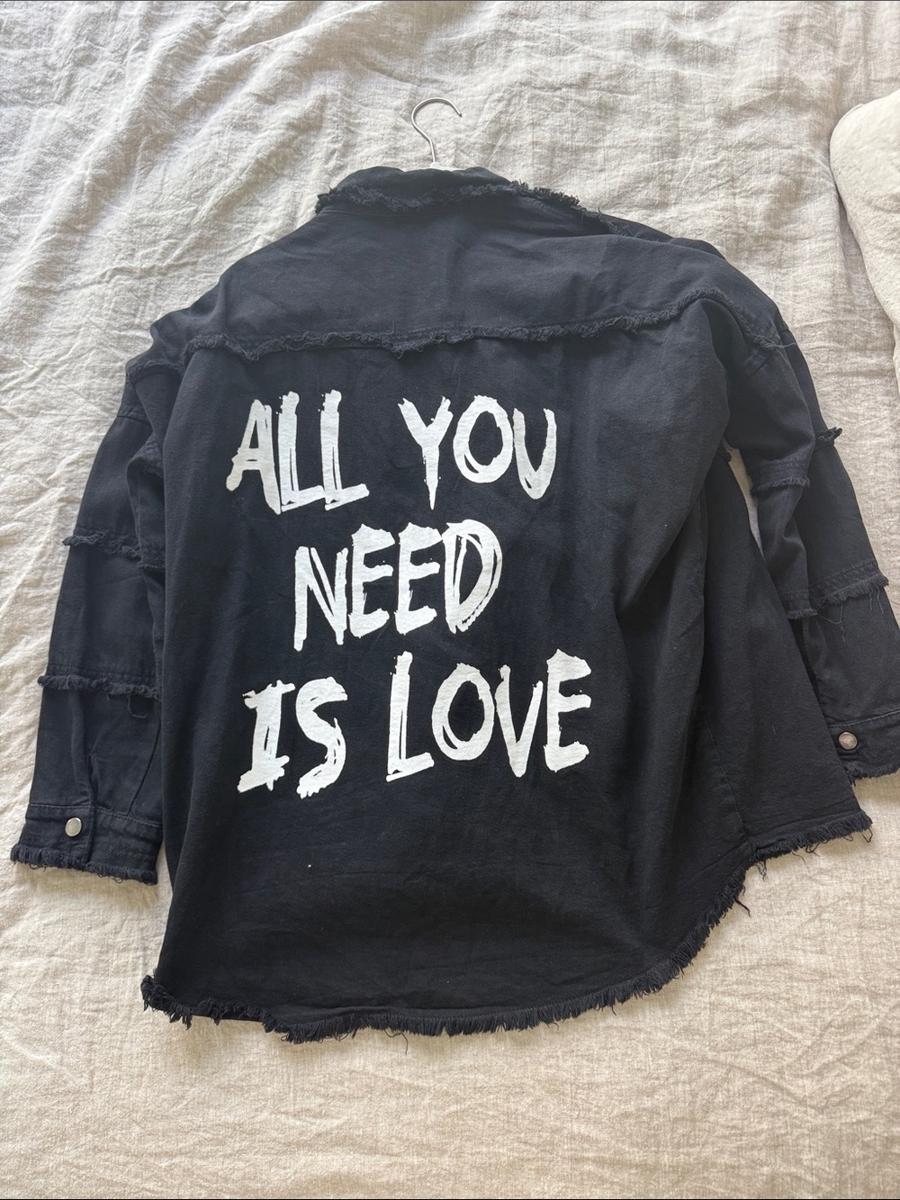 Elan Black Distressed Jean Jacket with White Back Slogan